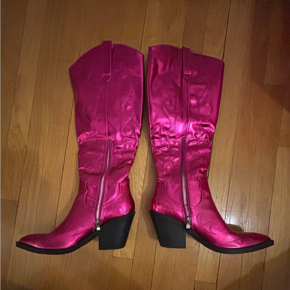 Erocalli Cowboy Boots Womens 8.5 Pink Knee-High Metallic Pull-On Half-Zip